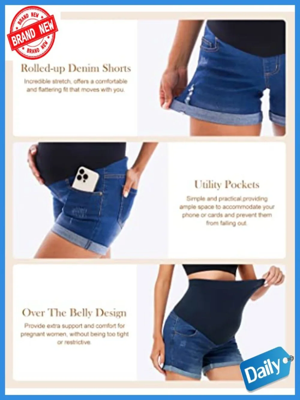 Maternity Jean Shorts Over The Belly Stretchy Denim High Rise